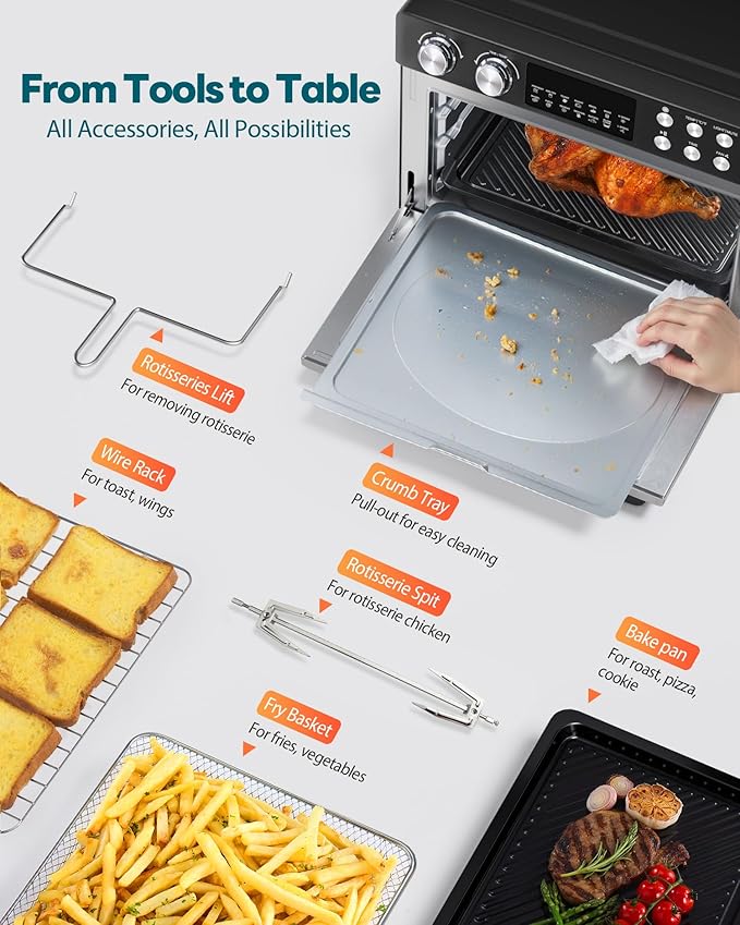 28QT Air Fryer Toaster Oven Combo, Large 12-in-1 Convection Countertop Oven with Next-Gen HeatWave Convection, 3-Layer Cooking, Rotisserie for Chicken, Fits 11" Pizza, Full Accessories, Sparkle Black