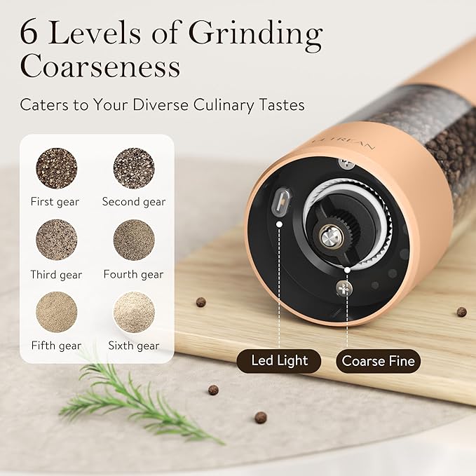 Ultrean Electric Pepper Grinder, Rechargeable Salt and Pepper Grinder with 6 Adjustable Coarseness, LED Light, One-Hand Automatic Operation, Light Orange