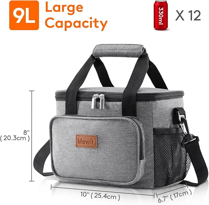 Lifewit Medium Lunch Bag Insulated Lunch Box Soft Cooler Cooling Tote for Adult Men Women, Gray 12-Can (9L)