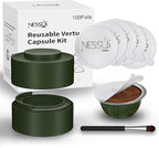 Nessus Reusable Vertuo Capsule Kit, [ALSeal EZ FIT] for Refillable Pods with 100 Pcs Aluminum Foil Seal Lids, Holder, Brush, for Refilling Vertuo Pods Reusable Vertuoline Pod(Green)