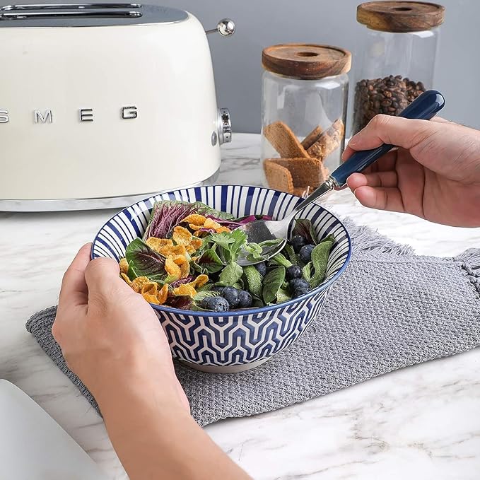 Selamica 7 inches Porcelain Cereal Bowl Set - Set of 6, Soup Bowls, Ceramic bowls for Cereal, Soup, Salad and Pasta, Vintage Blue