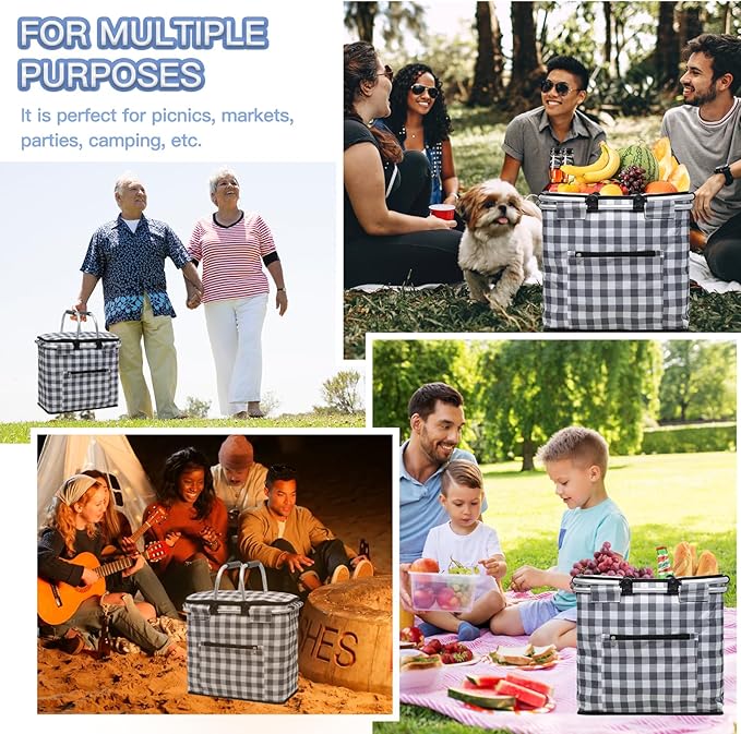 Insulated Picnic Basket,40L Leak-Proof Cooler Bag,Grocery Basket with Lid,2 Sturdy Handles,Storage Basket for Picnic, Picnic Basket for 4 Persons (Black Grid)