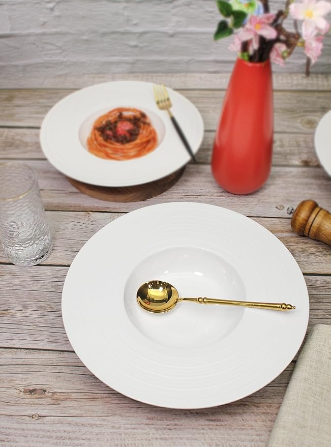 Ceramic Wide Rimmed Soup Plate, Soup Bowl 12 oz, Pasta Bowl Set of 4, White Shallow Bowl Plate with Rim, Best choice for high-end restaurants, hotels, and foodies,11.4 Inch Coil relief