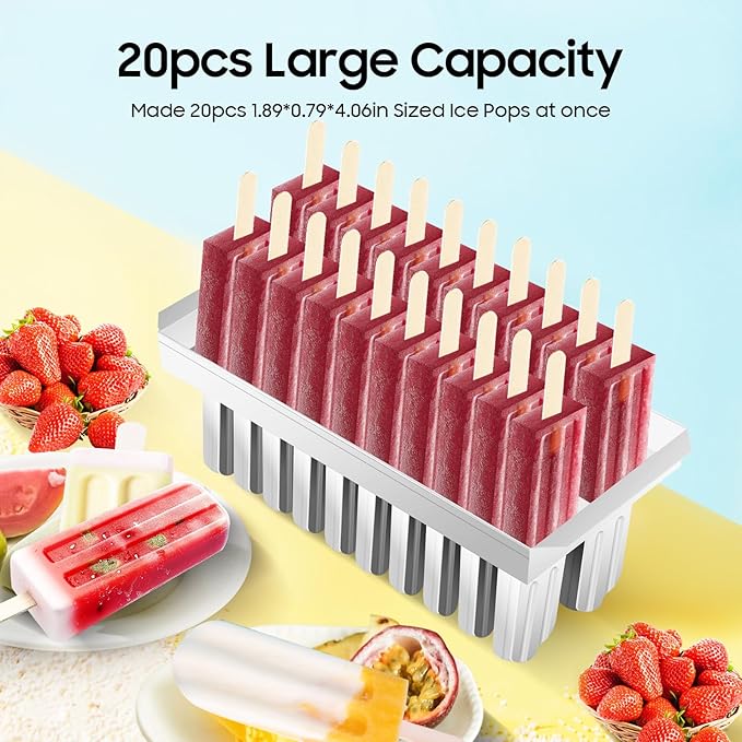 20PCS Commercial Popsicle Molds Heavy Duty Stainless Steel Popsicle Maker Kit with Brush & Sticks, 85g Capacity per Slot, DIY Yogurt Ice Cream Tools for Home Restaurants (Round Head Double Groove)