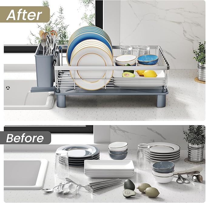 Dish Drying Rack - Small Dish Rack for Kitchen Counter, Stainless Steel Dish Drainer with Utensil Holder and Drainboard (Silver)