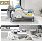 Dish Drying Rack - Small Dish Rack for Kitchen Counter, Stainless Steel Dish Drainer with Utensil Holder and Drainboard (Silver)