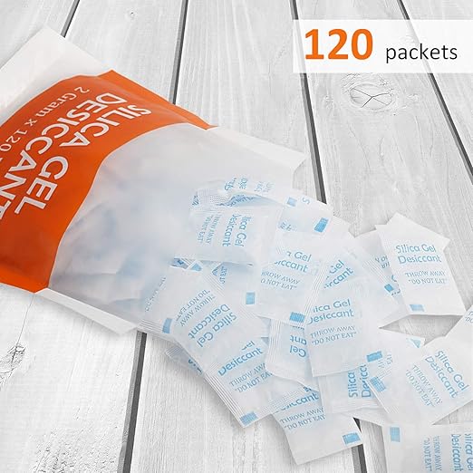2 Gram [120 Packets] Silica Gel Packs for Moisture Absorbing, Desiccant Dehumidifier Bags for Spices Jewelry Shoes Boxes Electronics Storage, Food Safe