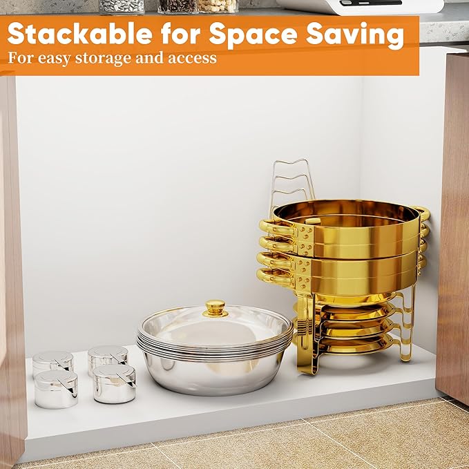 4 Pack Gold Round Chafing Dishes for Buffet, 5 QT Food Warmers and Cold Food Server for Parties, Events Hosting, Family Gatherings, Full Set Catering Supplies with Serving Utensils Accessories