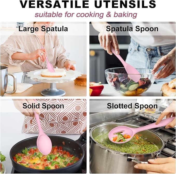 TeamFar Silicone Cooking Utensil Set of 7, Kitchen Nonstick Tools Turner Spoon Spatula Ladle Pasta Server for Nonstick Cookware, Healthy & One-Piece, Anti-Heat & Dishwasher Safe - Pink