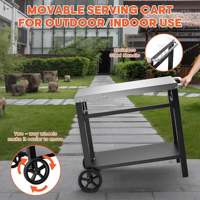 Outdoor Grill Table Cart, Movable Dining Cart, Pizza Oven Table Stand with Wheels Double-Shelf Movable Food Prep and Work Table, Fits for Ninja Ooni Blackstone Weber Q, 33.5"×21" Stainless Steel