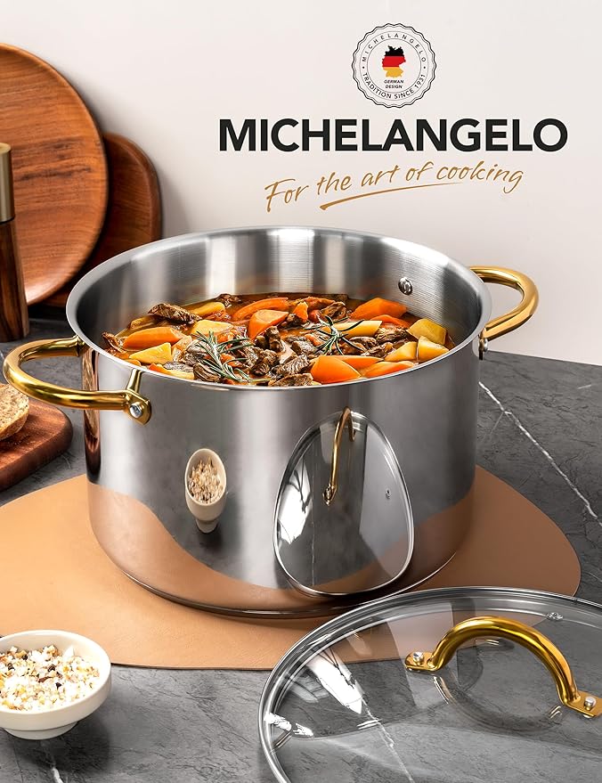 MICHELANGELO Stainless Steel Large Soup Pot With Lid - 10 Quart Stock Pot, Induction Compatible, Oven & Dishwasher Safe