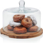 Libbey Acacia Wood Cake Stand with Dome Lid, Ball Top Handle Cake Holder with Lid, Covered Cake Stand, Durable Glass Dome Cover
