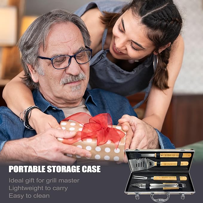 Retirement Gifts for Men, Retired Gift for Dad, Grandpa, Coworker, Retirees Heavy Duty Wooden BBQ Grill Accessories Kit, Thick Stainless Steel Grill Utensil with Non-Slip Handle Tools in Portable Box