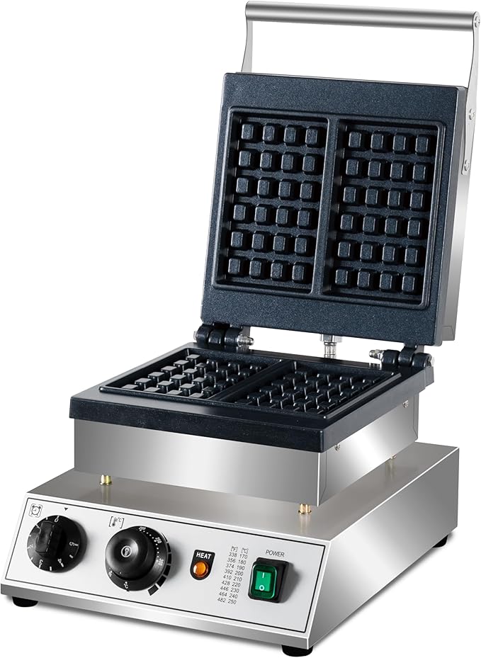 Commercial Waffle Maker, 1600W rectangle Waffle Iron, Non-Stick Belgian Waffle Baker Machine With Temp Range and Time Control, Teflon-Coated Baking Pan Stainless Steel Body
