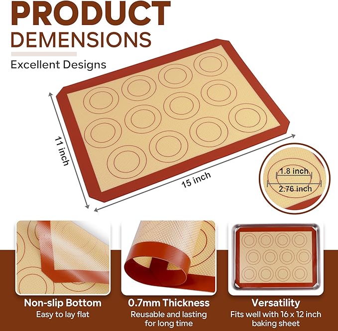 P&P CHEF 15 Inch Silicone Baking Mats, 2 Pcs Reusable Silicone Oven Mat, Non Stick Baking Supplies for Macaroon Pastry Bread Dough Cookie, Fits Well with Sheet Pan, Healthy & Easy Clean