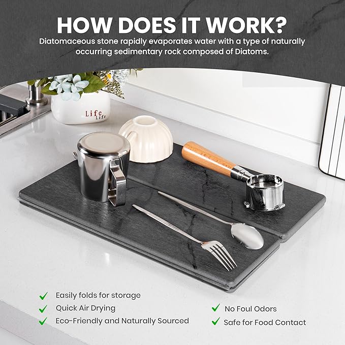 Dusk & Decor Folding Stone Dish Drying Mat – Quick-Drying Diatomaceous Earth Kitchen Mat for Counter – Foldable, Non-Slip Diatomite Sink Tray for Dishes and Utensils - Gray