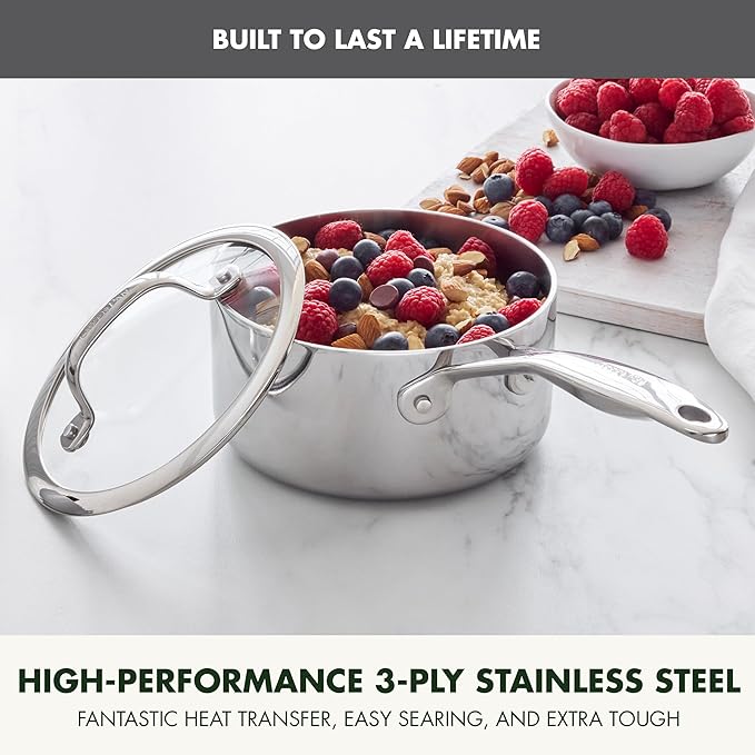GreenPan Valencia Tri-Ply Stainless Steel 1.6QT Sauce Pan with Lid, Induction Ready, Mirror Finish, Dishwasher Safe & Oven/Broiler Safe to 600F, Compatible with All Cooktops, Chefs Cooking Pot