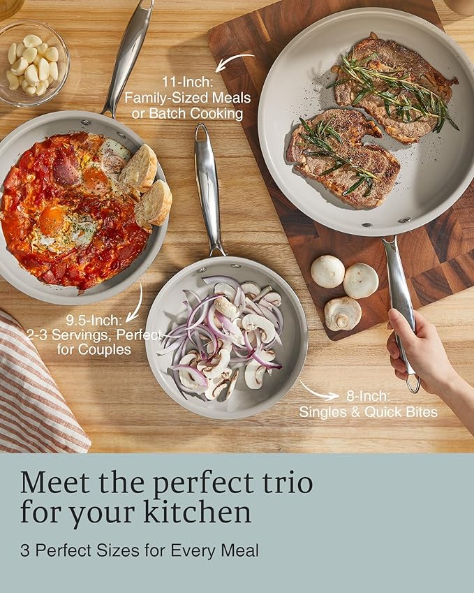 KITEXPERT Non Stick Frying Pans, Titanium Ceramic Skillet Set for Cooking, 8" 9.5" 11" Non Toxic Ceramic Pans with Stay Cool Handle, PFAS & PTFE & PFOA Free, Dishwasher and Oven Safe, Cream