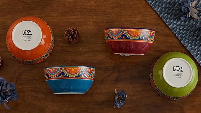 Bico Tunisian Cereal Bowls Set of 4, 26 oz Deep Ceramic Soup Bowls for Cereal, Salad, Noodles, Kitchen, Microwave and Dishwasher Safe, Gift for Housewarming and Thanksgiving