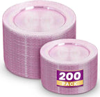 WDF 200PCS Pink Plastic Plates - Rose Gold Glitter Plastic Plates - Heavy Duty Pink Glitter Disposable Plates - Include 100 Dinner Plates 10" and 100 Dessert Plates 7" for Parties/Wedding