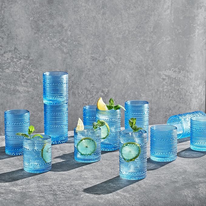Hobnail Beaded Highball Drinking Tumbler Glasses | Set of 12 | Color, Vintage Bubble Design Whiskey Glassware, Old-Fashioned, Embossed Design for Water, Wine, Cocktail Embossed Heavy Glas, Rocks Glass