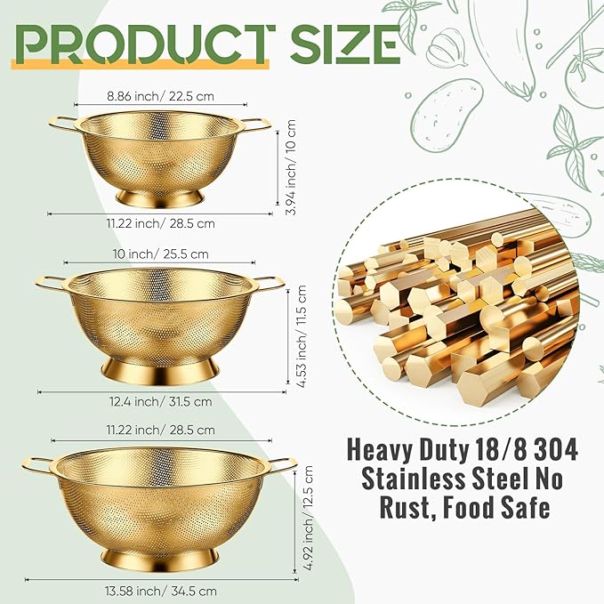 Bokon 3 Pcs Stainless Steel Colander Set Colander Bowl and Sieves 1/3/5 Quart Metal Mesh Strainer Net Basket with Handles Food Spaghetti Strainer for Kitchen Draining Pasta Rinsing(Gold)