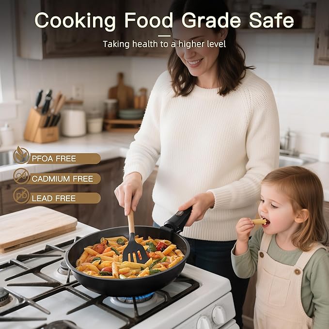 Astercook Non Stick RV Pots and Pans Ceramic Kitchen Cookware Set with Detachable/Removable Handle, Oven Safe, Induction Ready, Stackable, Black, 21 pcs