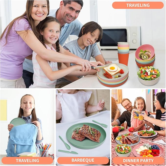 36 pcs Wheat Straw Dinnerware Sets DAPIPIK Unbreakable Reusable Dinnerware Set ，Lightweight Camping Plates Cups and Bowls Set. Dishwasher Microwave Safe Dinnerware