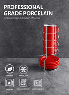 Sweese 2.5 Ounce Porcelain Stackable Espresso Cups with Saucers and Metal Stand Set of 4, Red