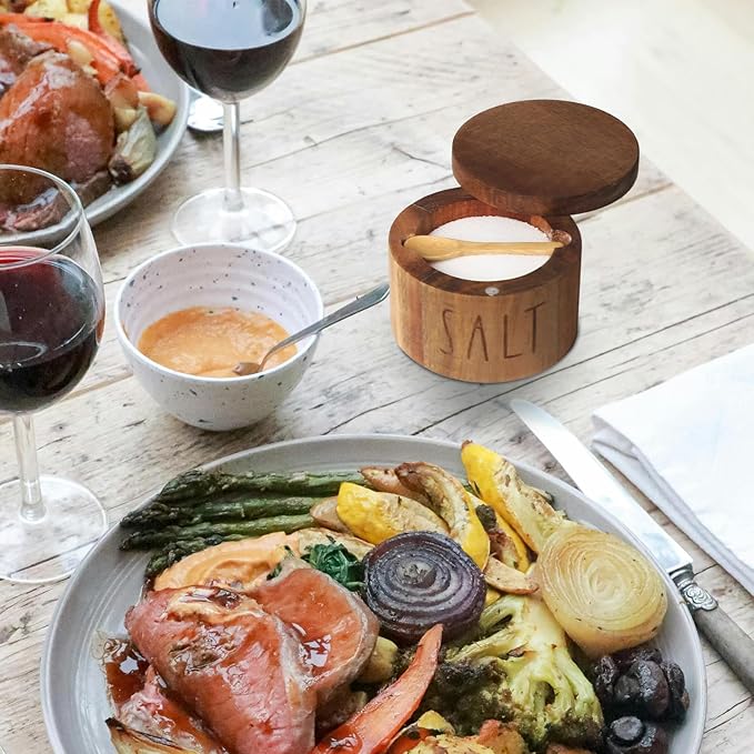 Acacia Wood Spice Box with Swivel Lid and Built-in Spoon for Kitchen Countertop, Farmhouse Kitchen Decoror for Storing Salt, Peppers, Sugar or Seasonings (Labeled “SALT”)