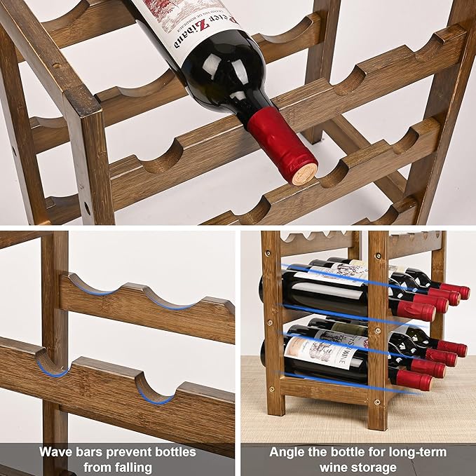 VASMIA Wine Rack Freestanding Floor, 6-Tier Display Wine Storage Shelves with Table Top, 24-Botttle Bamboo Wine Rack Shelf for Kitchen Bar Dining Room Living Room, Walnut