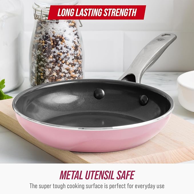 Blue Diamond 8" Nonstick Frying Pan Skillet, Diamond Infused PFAS & PTFE-Free Ceramic Pot, Dishwasher & Oven Safe, Stay Cool Handle, Durable Non Toxic Metal Utensil Safe, Egg & Omelet Pan, Pink