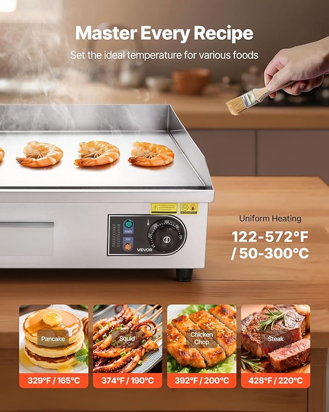 VEVOR Commercial Electric Griddle, 25.79 x 15.75 inch, 2800W, 122-570°F Adjustable Temp Control, Stainless Steel Body, Full Flat, with 2 Spatulas, 2 Brushes, and 4 Foot Pads, for Steak, Pancake