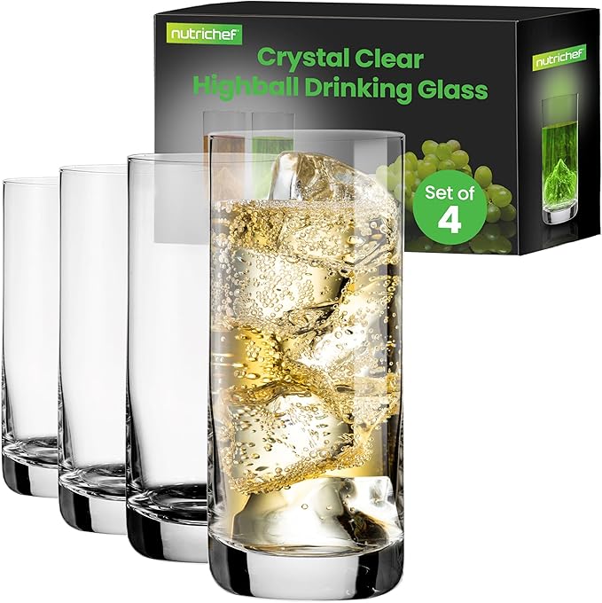 NutriChef 14.2 oz Highball Drinking Glasses Set of 4, Heavy Base Tall Glasses for Water, Liquor, Cocktail | Long Kitchen Glass for Drink and Juice - Clear