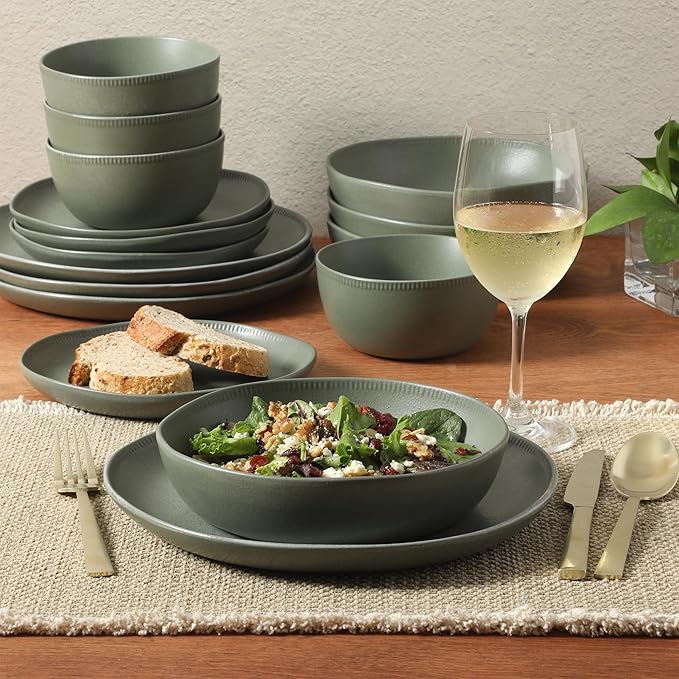Gibson Elite Menlo Park 16-Piece Pottery Clay Stoneware Dinnerware Set – Green Reactive Glaze, Organic Shape Embossed Plates and Bowls W/Pasta Bowl, Service for 4 – Microwave & Dishwasher Safe