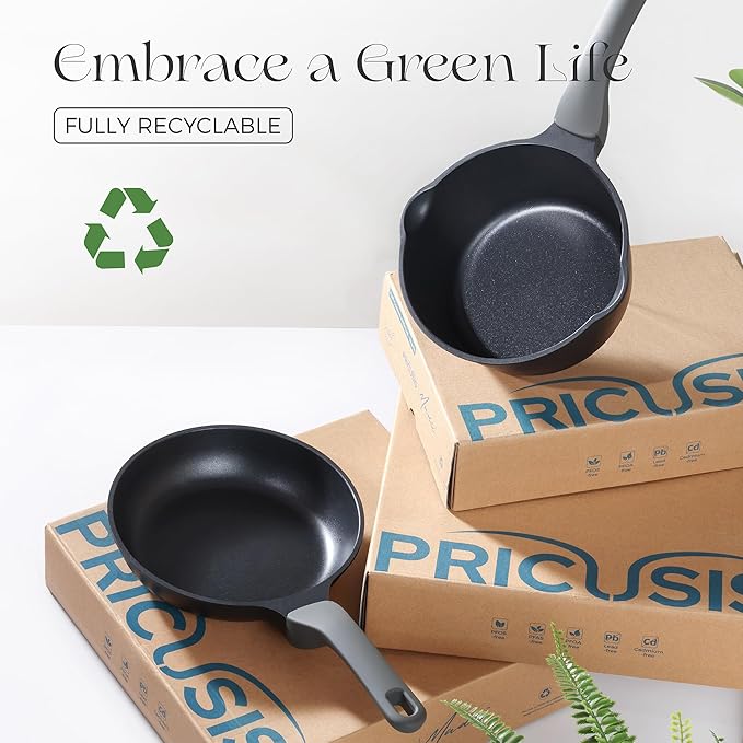 PRICUSIS Nonstick Frying Pan Set with Lid, 8+10+12 Inch Induction Compatible Skillet with Stay Cool Handle, Fully Coated, 100% Dishwasher Safe, PTFE & PFOA Free (Black Sesame)