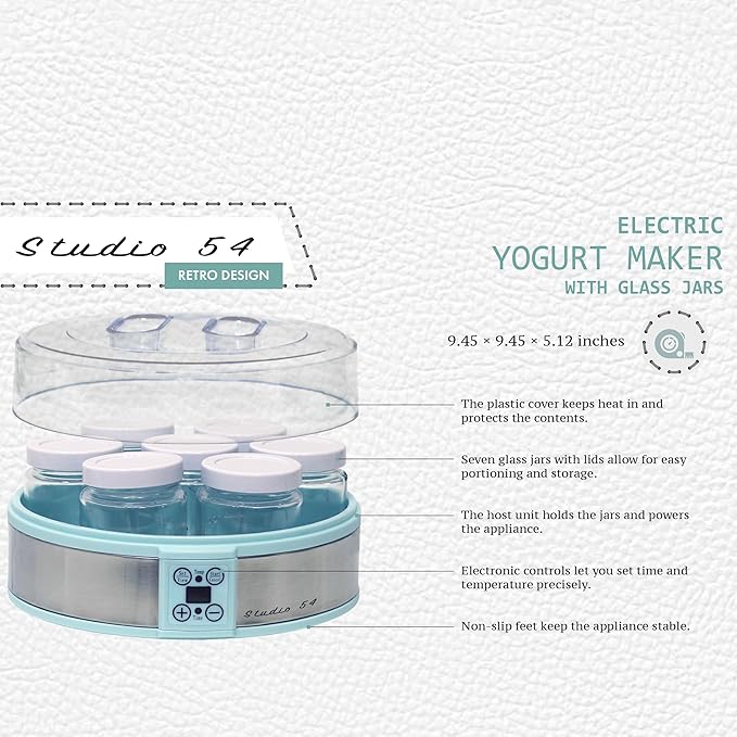 Studio 54 Yogurt Maker Machine with 7 Reusable Glass Jars (6oz Each), Probiotic Greek Yogurt Maker with Precise Time & Temperature Controls, Retro Blue Digital Yogurt Maker