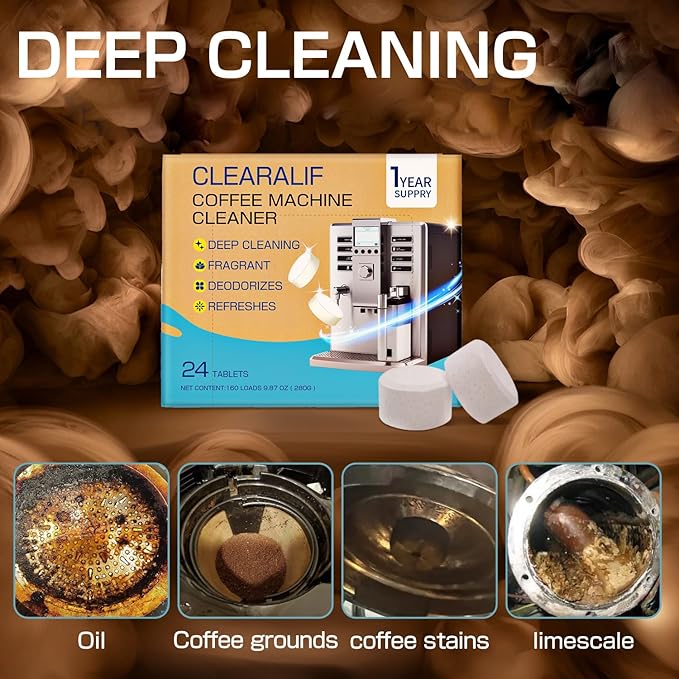 CLEARALIF Coffee Machine Cleaner Descaler Tablets, 24 Count, Unscented, Coffee Machine Descale Works With All Coffee Makers