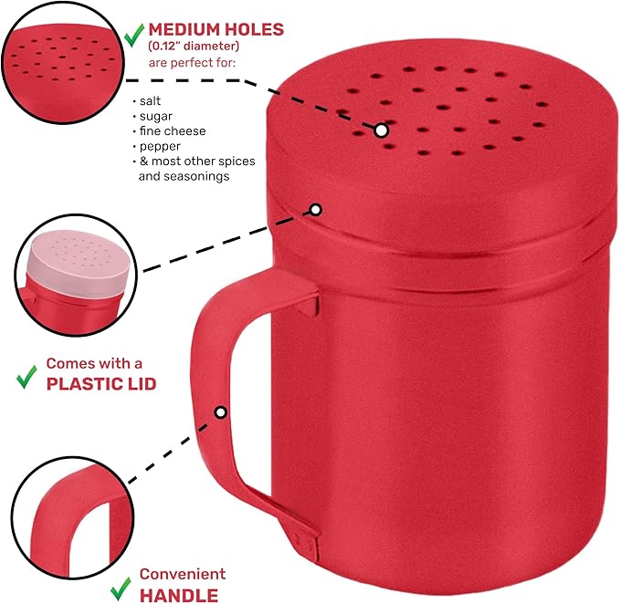 CUSINIUM 6oz Red Stainless Steel Salt Pepper Dredge Shakers - With Plastic Cap - With Handle - Pack of 2