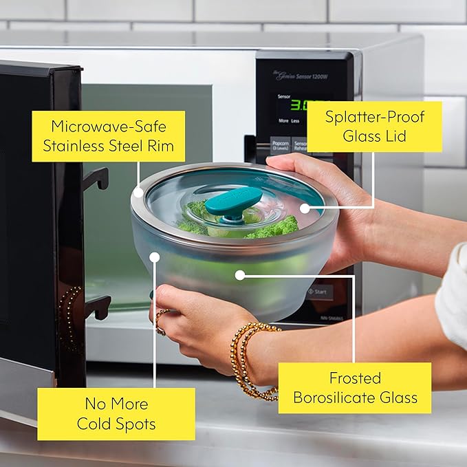 Anyday 4-Pc Microwave Cookware & Glass Food Storage Set with Glass Lids | Medium Plastic-Free Containers | Stackable Steamer with Vented Lid for Microwave-Safe Reheating & Steaming Vegetables, Rice