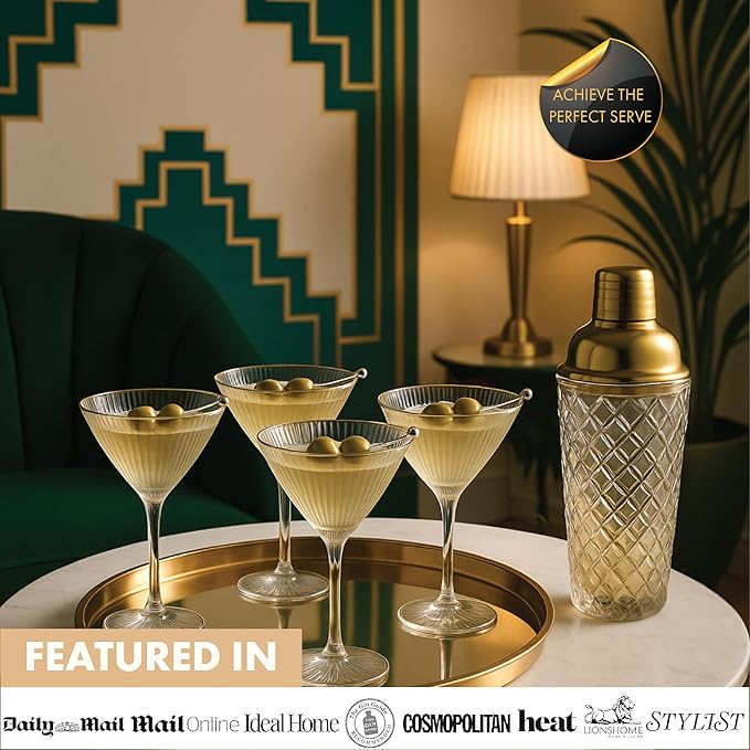 VEMACITY - Luxury Cocktail Shaker Set - Gold Glass Cocktail Shaker with Built-In Strainer, 2 Ribbed Espresso Martini Glasses with Gold Rims, Bar Spoon & Jigger - Gift Sets, Wedding Gift
