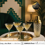 VEMACITY - Luxury Cocktail Shaker Set - Gold Glass Cocktail Shaker with Built-In Strainer, 2 Ribbed Espresso Martini Glasses with Gold Rims, Bar Spoon & Jigger - Gift Sets, Wedding Gift