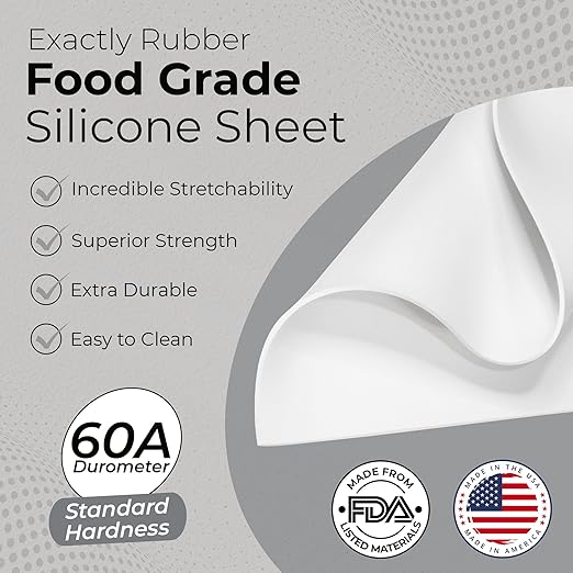 Exactly Rubber - White Silicone Sheet, 60A Durometer Silicone Mat, Food-Grade Rubber Mat with -80 to 450°F Temperature Resistance, 400% Elongation, Silicone Placemat Made in The USA, 1/16 x 18” x 18”
