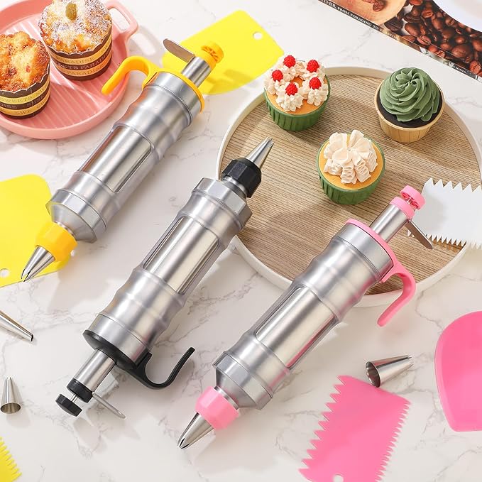 3 Sets Dessert Decorating Syringe Set, Cupcake Frosting Filling Injector with 6 Icing Nozzles 1 Nozzle Connector 3 Cream Scrapers Icing Tool, Cake Decorating Kit, Main Stainless Steel Design