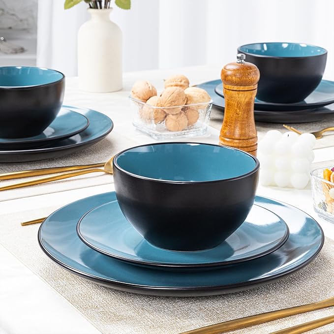 Plates and Bowls Sets for 4 - CJDC-QUELO 12-Piece Stoneware Dinnerware Sets, Ceramic Dishware Set for Indoor Kitchen Use and Formal Dining, Chip and Scratch Resistant Microwave Dishwasher Safe