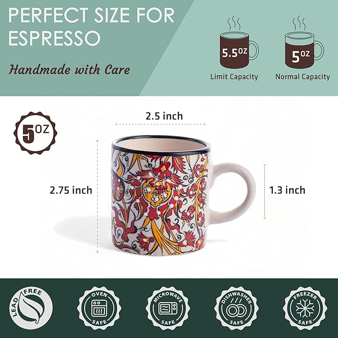 Ceramic Espresso Cups, 5 Oz Espresso Cups Set of 4, Handmade Espresso Cup, 2.75 Inch Espresso Mugs, Multicolor Demitasse Cups, Microwave & Dishwasher Safe Espresso Mugs, Coffe Mug (IZNIK CARNATION)