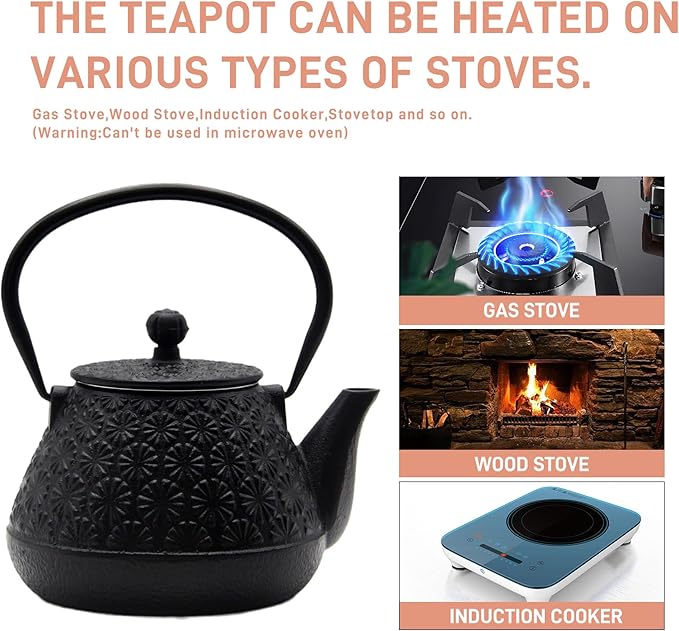 20.3oz Small Cast Iron Teapot, SECHUDO Tea Kettle for Stovetop Safe Coated with Enameled Interior, Japanese Style Tea Pot with Stainless Steel Infuser for Loose Tea (Black Gerbera Pattern)