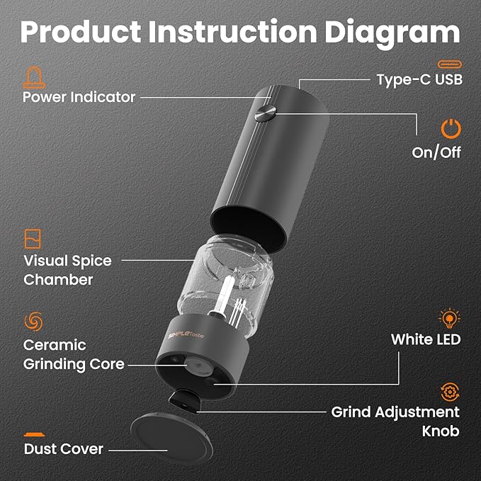 SIMPLETASTE Electric Salt and Pepper Grinder Set Rechargeable with LED Light and Dust Cover, Automatic Pepper Mill Shakers with Adjustable Coarseness, One Hand Operation for Kitchen, Dining, Gifting