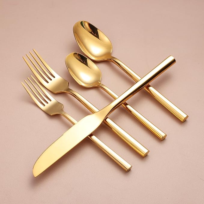 Mirror Silverware Set Gold Flatware Set with Hexagon Handle 20 Pieces 18/0 Stainless Steel Cutlery Set Wedding Housewarming Gift Service for 4 (Mirror gold)