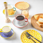 Selamica Ceramic Cappuccino Cups with Saucers and Metal Stand, 8 OZ Stackable Espresso Coffee Cups for Coffee, Latte, Americano, Tea, Set of 4, Assorted Colors